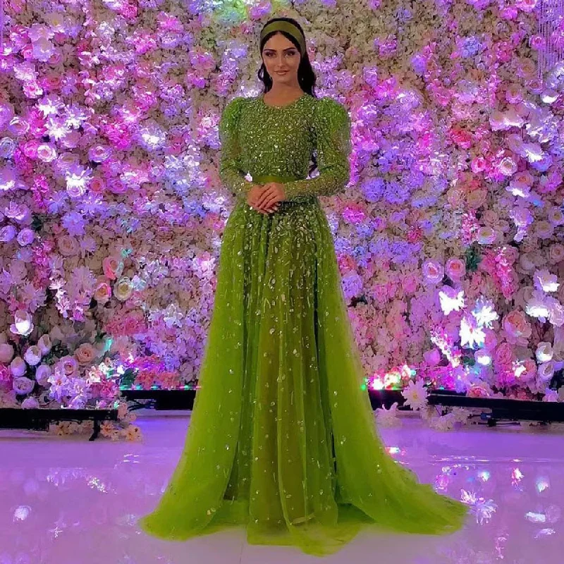 Serene Hill Green Mermaid Elegant With Skirt Long Sleeves Beaded Luxury Evening Dresses Gowns For Women Party 2024 LA71762