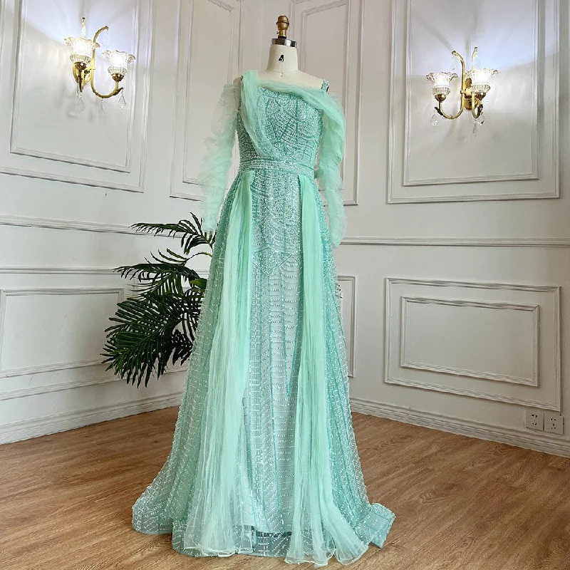 Serene Hill Muslim Mint Over Skirt A Line Beaded Luxury Dubai Long Evening Dresses Gowns 2024 For Women Wedding Party LA71924