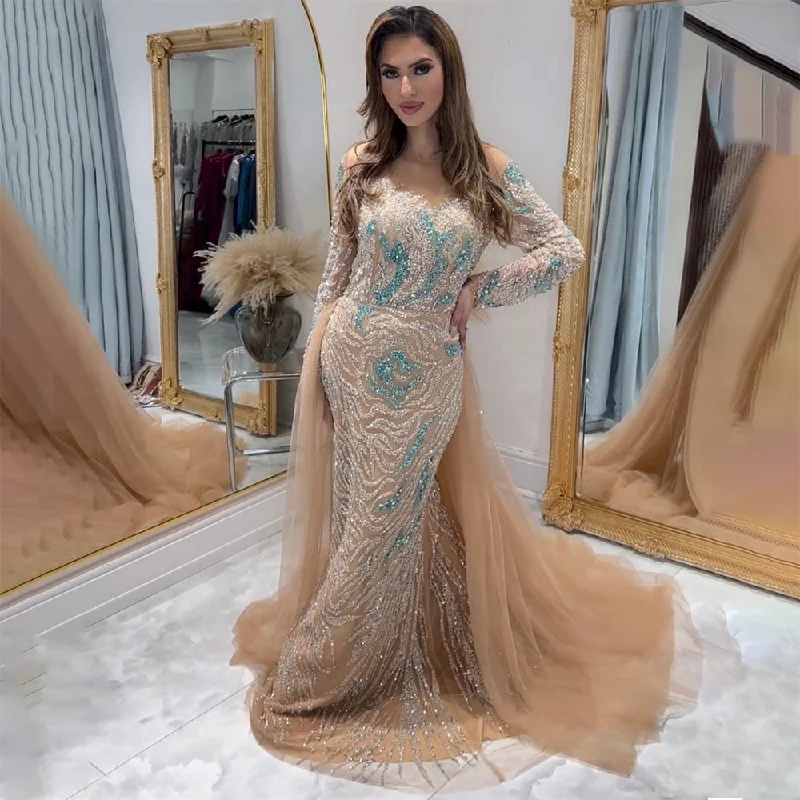 Serene Hill Muslim Nude Mermaid With Overskirt Beaded Split Long Evening Dresses Gowns For Woman Wedding Party 2024 LA71995