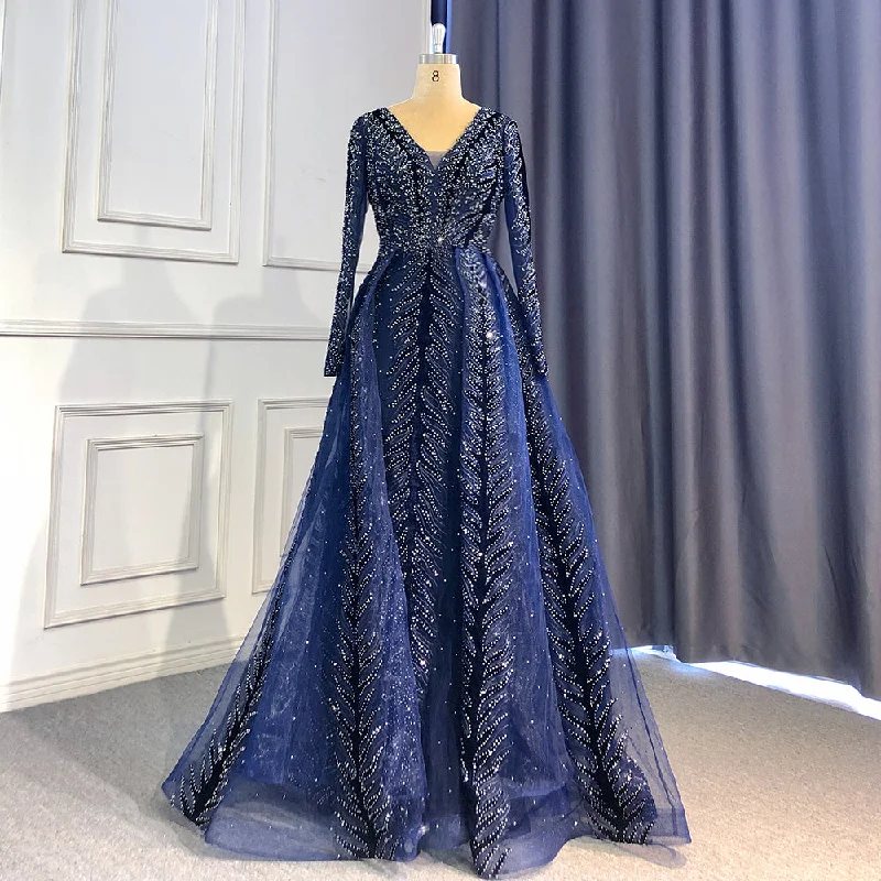 Serene Hill Navy Blue Velvet Muslim Mermaid Elegant Evening Dresses Beaded Long Sleeves With Skirt Not Removable 2024 LA71691