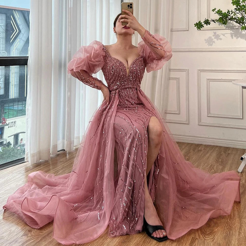 Serene Hill Pink Mermaid High Split Over Skirt Beaded Dubai Evening Dresses Gowns Long 2024 For Women Wedding Party LA71948