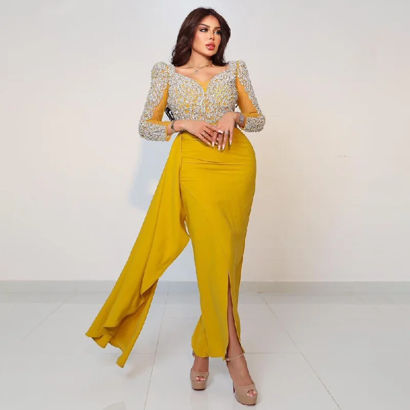 Serene Hill Yellow Long Sleeves Mermaid Evening Dresses with Skirt Beaded Dubai Mid Length Party Gowns 2024 For Woman LA72079