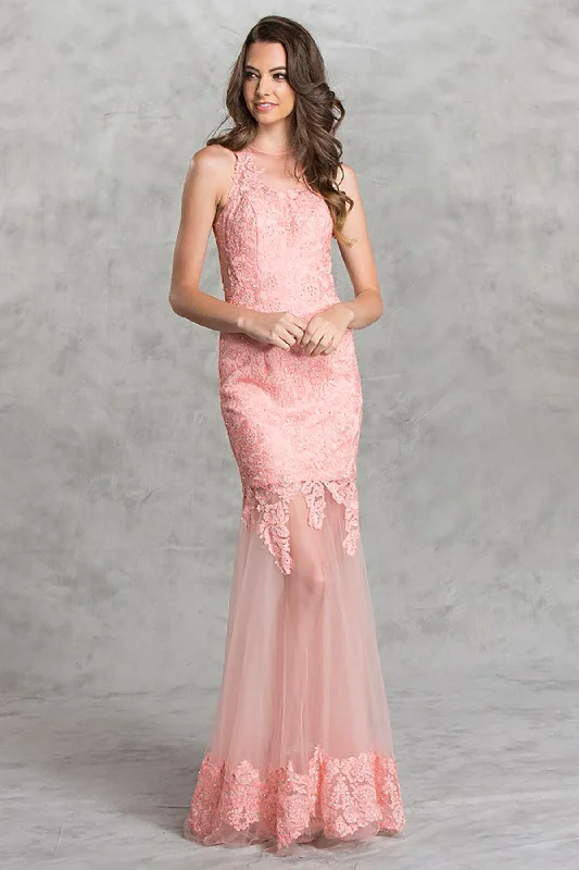 Aspeed Design -L1432 Halter Neck Long Sheath Gown Illusion Skirt