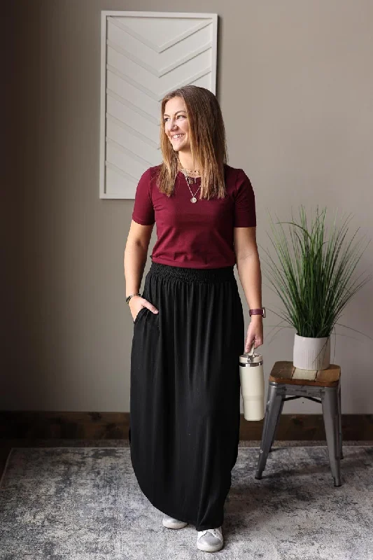 Black Smocked Waist Maxi Skirt