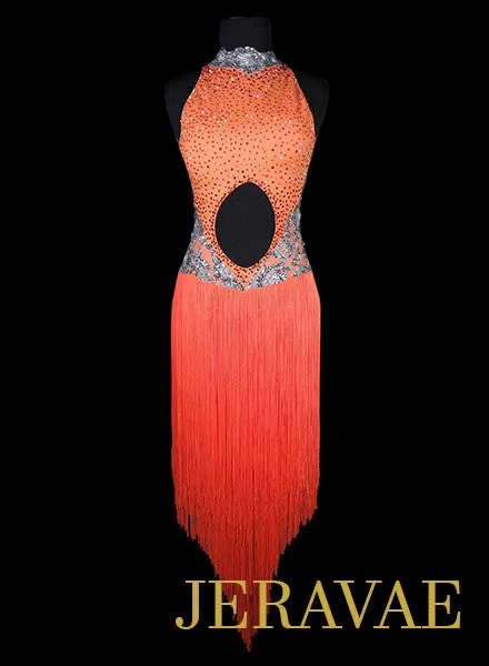 Bright Neon Orange and Gray Latin Dress with Orange Fringe and Long Skirt XS Lat102