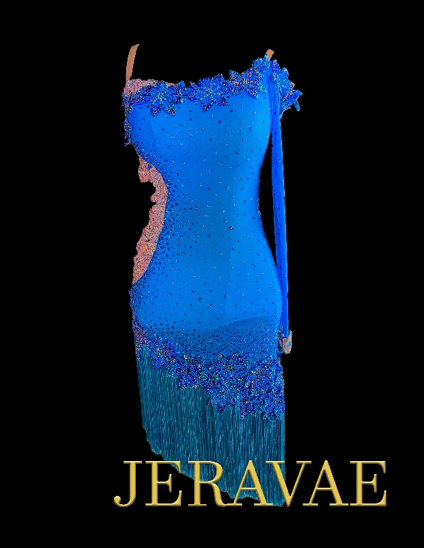 Electric Blue Latin Dress with Single Long Sleeve, Swarovski Stones, Lace Appliqué, Open Side and Back, and Asymmetrical Fringe Skirt Sz S Lat154