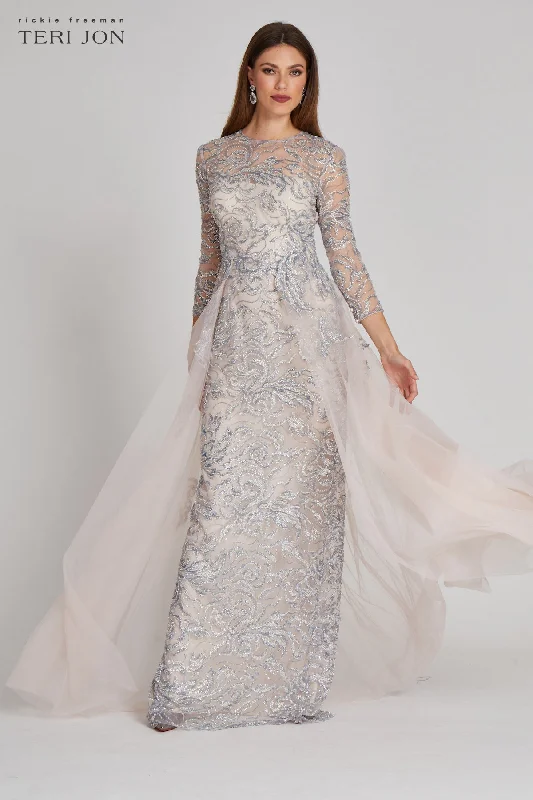 Long Sleeve Beaded Tulle With Tulle Overskirt