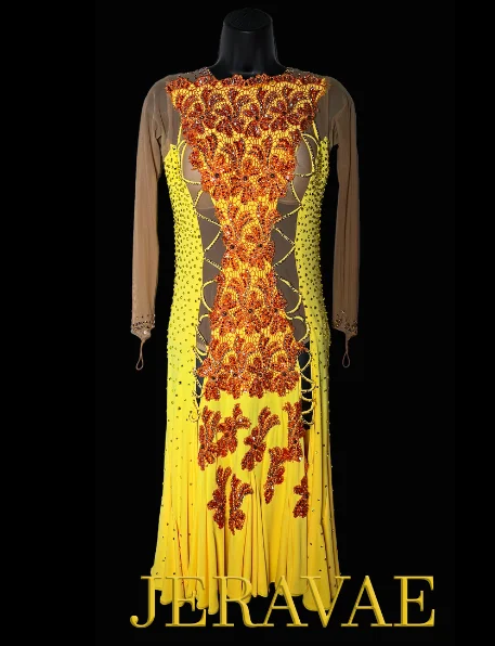 Resale Artistry in Motion Yellow Latin Dress with Orange Lace Applique, Swarovski Stones, Long Mesh Sleeves and Front Panels, and Slit Skirt Sz S Lat216