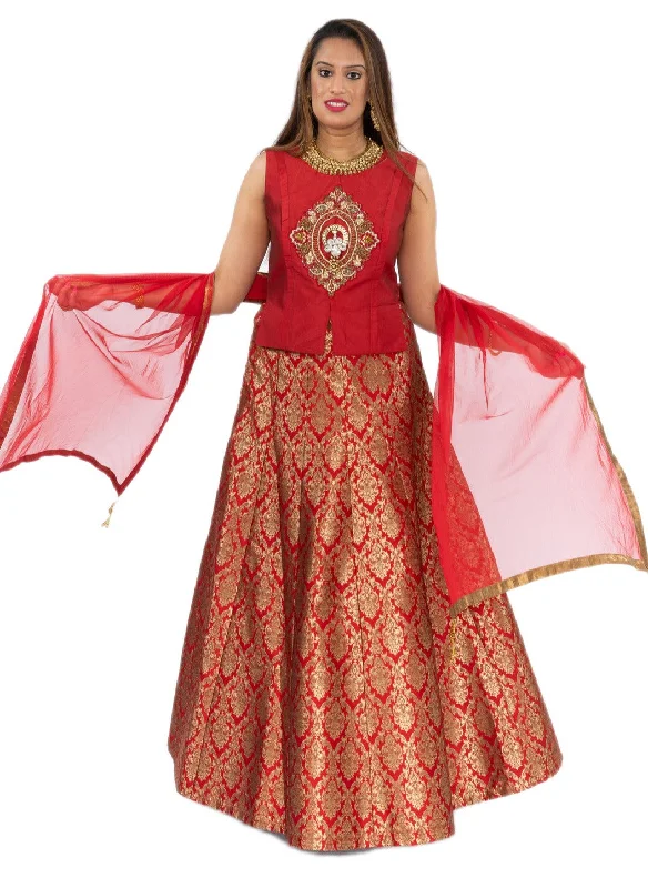 Maharani Maroon and Gold Silk Lehenga with Long Blouse- SNT11067