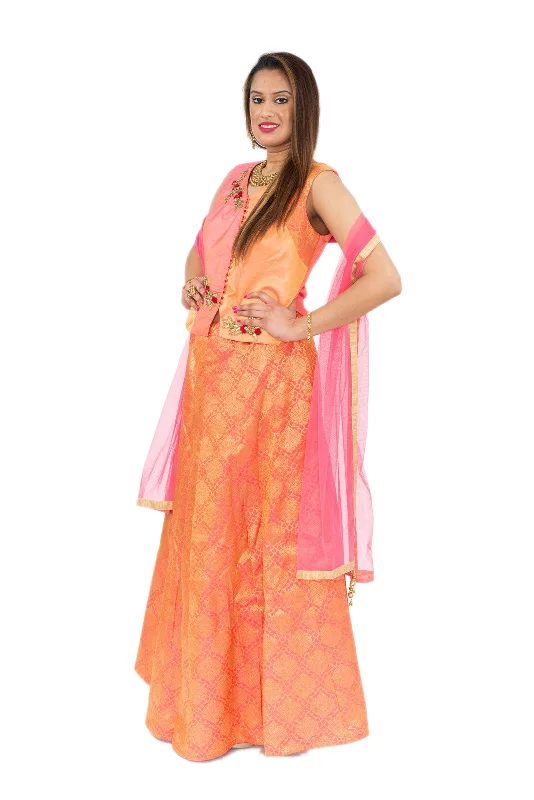 Romantic Blush Pink Lehenga with Long Crop Top Blouse- SNT11066