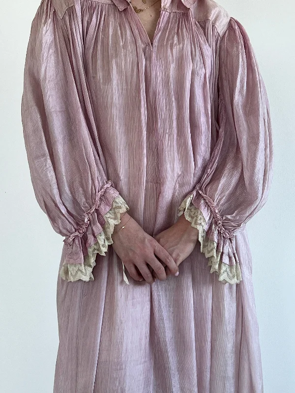 1910's Purple Pin Stripe Silk Dress with Lace