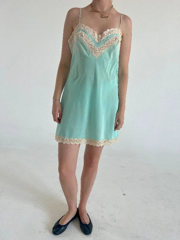 1930's Turqouise Silk Slip With Daisy Lace