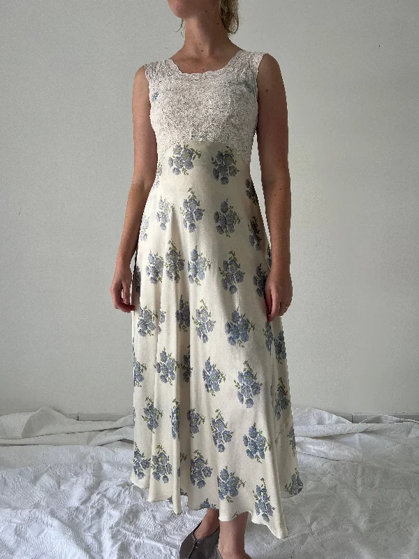 1930's Blue Floral Print Slip with White Lace