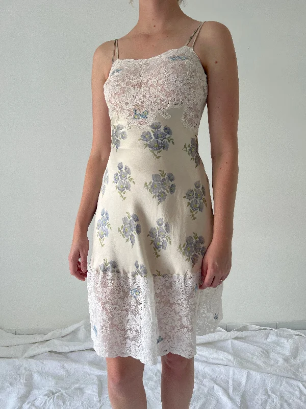 1930's Blue Floral Print Spaghetti Strap Slip with White Lace