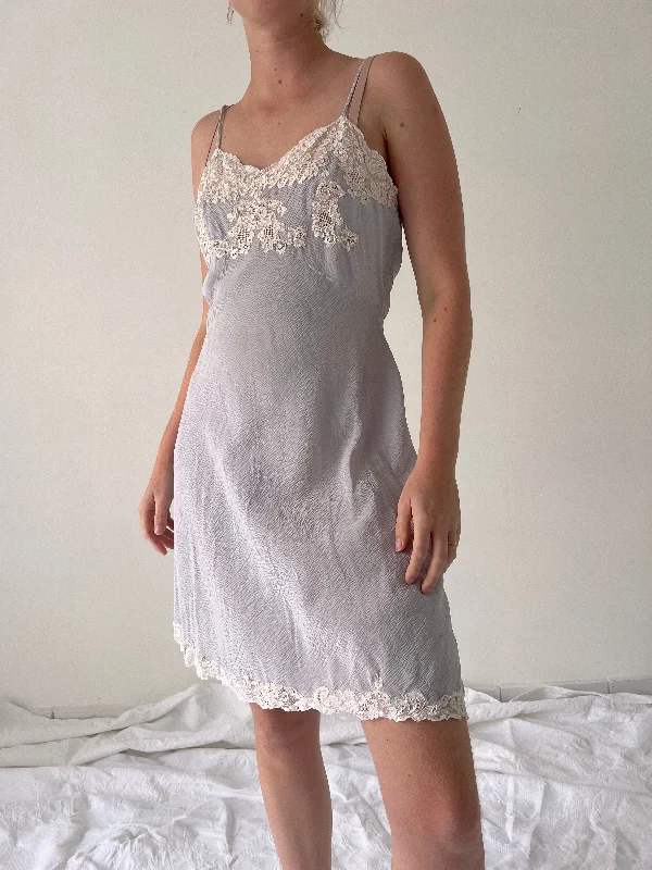 Handmade 1930's Pale Blue Silk Chiffon Spaghetti Strap Slip with White Lace