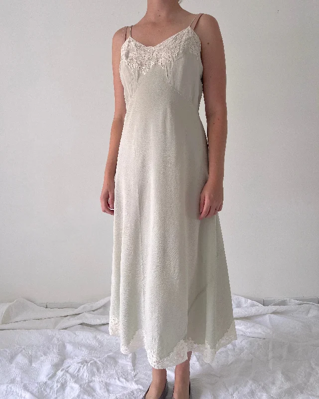 Handmade 1930's Pale Green Silk Chiffon Spaghetti Strap Slip with White Lace