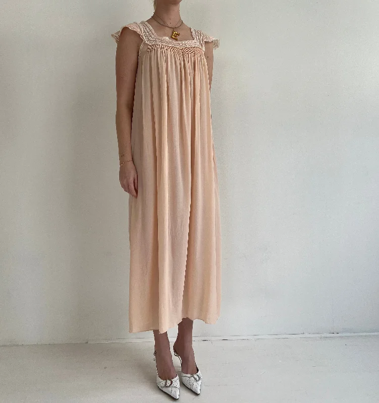 1930's Pale Pink Silk Chiffon Slip Dress with White Lace