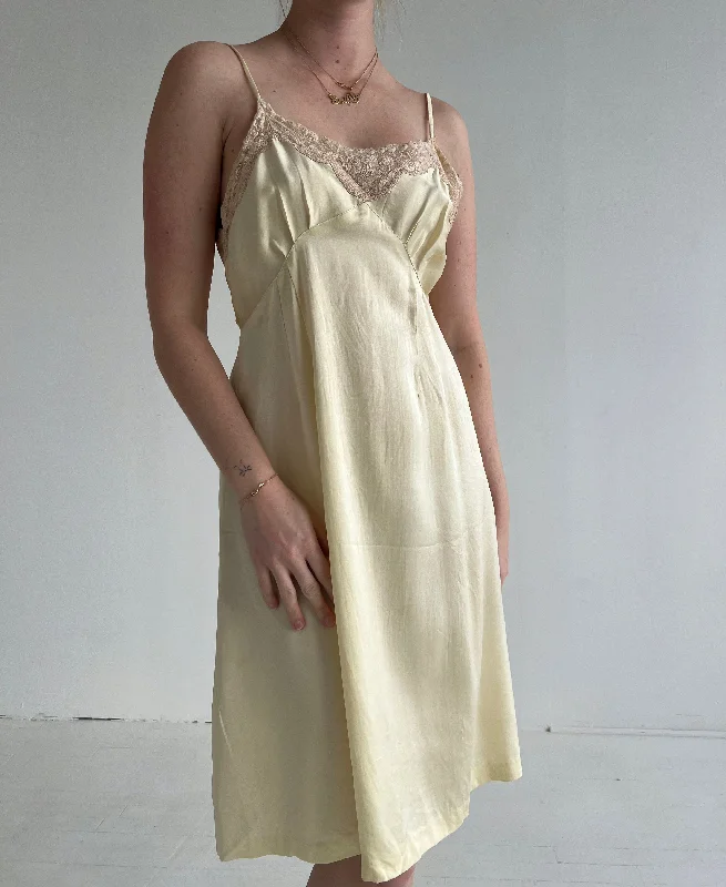 1930's Pale Yellow Silk Slip Dress with Pink Lace