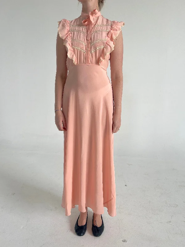 1930's Peachy Pink Silk Slip with Cream Lace and Ruffle