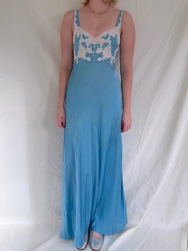 1930's Sky Blue Silk Slip with White Lace