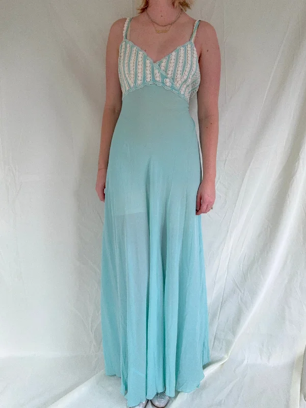 1930's Turquoise Silk Slip with White Lace