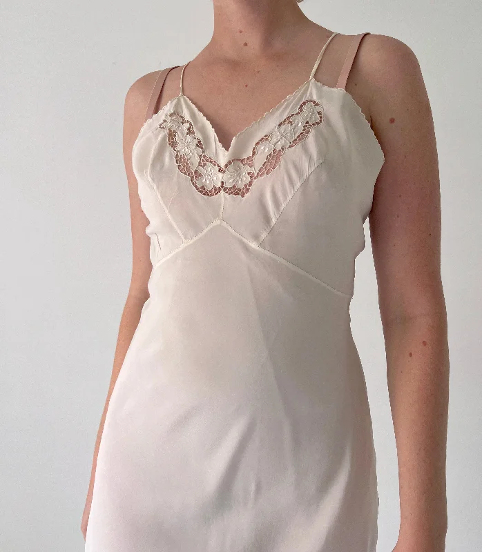 1930's White Silk Spaghetti Strap Slip with Floral Lace