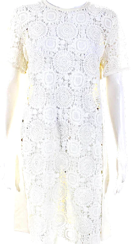 Chloe Paris. White Short Sleeve Crew Neck Lace Twill Shift Dress