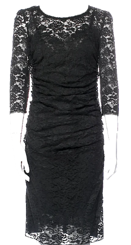 Dolce & Gabbana Italy. Black 3/4 Sleeve Lace Pattern Ruched Dress