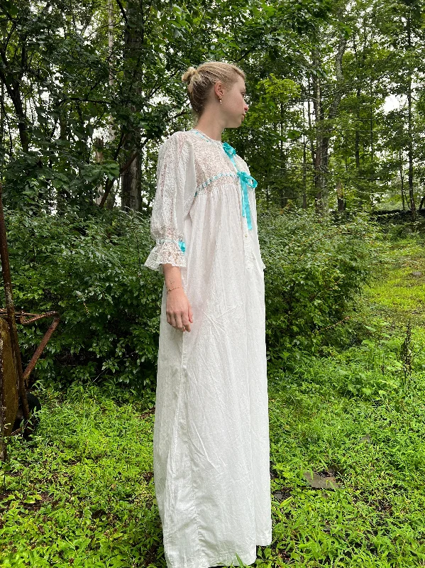 Edwardian White Cotton Dress with Blue Ribbon and Lace