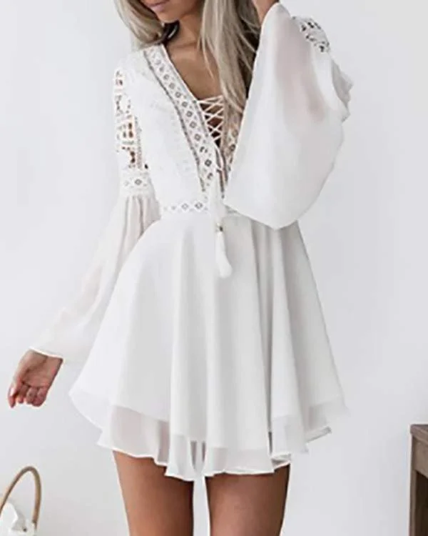 Hollow Out Lace Strappy Bell Sleeve Casual Dress