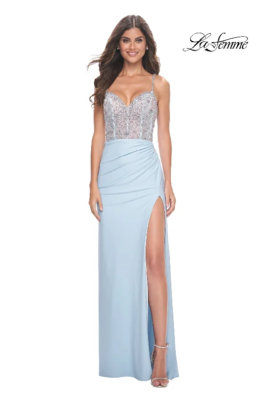 La Femme 32089 Sweetheart Neckline Lace up Back High Slit Beaded/Jersey Fitted Evening Dress