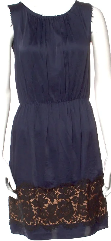 LANVIN Paris. Blue Scoop Neck Lace Accent Sheath Dress