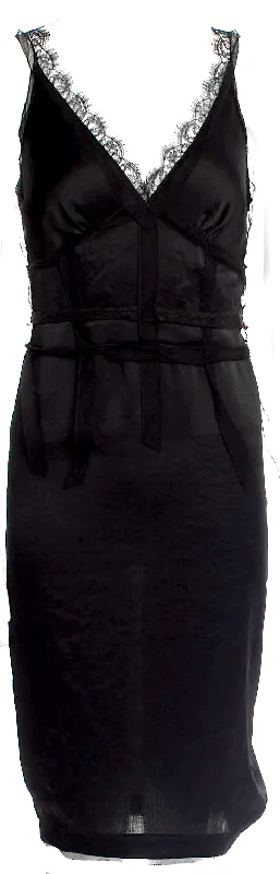 NINA RICCI Paris. Black V-Neck Lace Trim Slip Dress