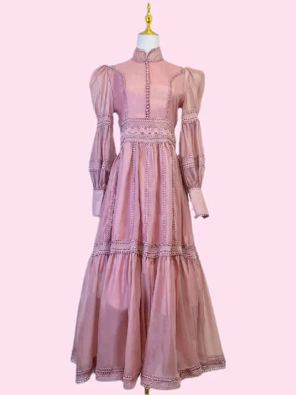 Nude Pink Organza Lace Ruffles Edwardian Revival Dress