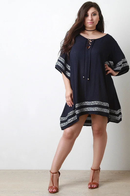 Embroidered Lace-Up Quarter Sleeve Shift Dress