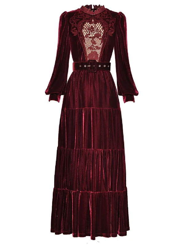 Burgundy Lace Ruffles Lantern Sleeves Edwardian Revival Velvet Dress