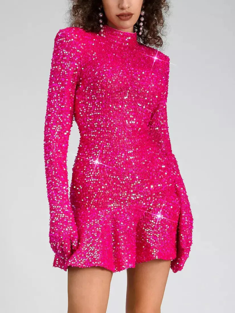 Backless Fuchsia Pink Glitter Sequin Dress