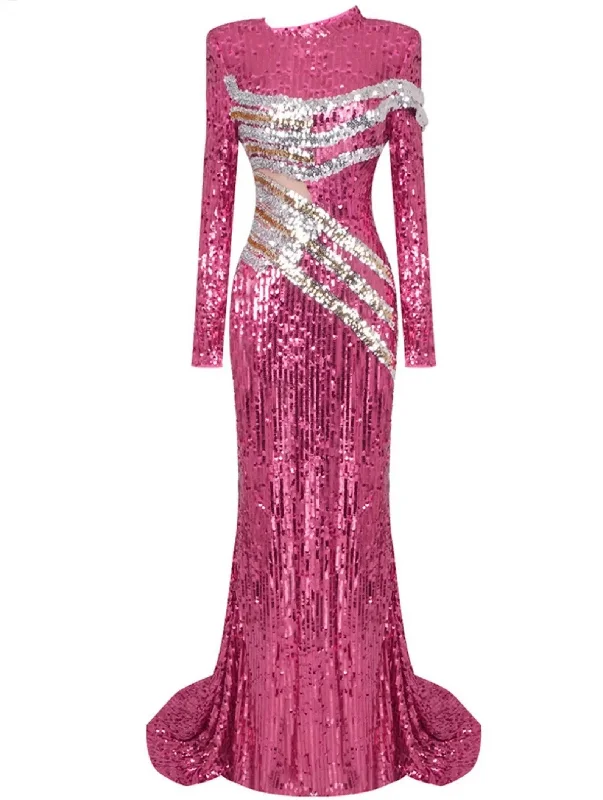 Cut-Out Hot Pink Sequin Gown with Contrasting Stripes