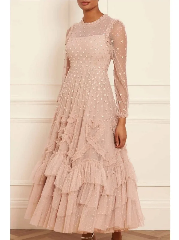 Gathered Tiered Sequined Tulle Gown