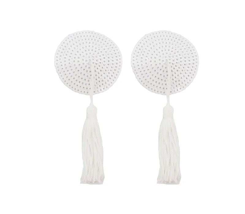 Love in Leather Burlesque Series White Round Sequin Reusable Nipple Pasties with White Tassels