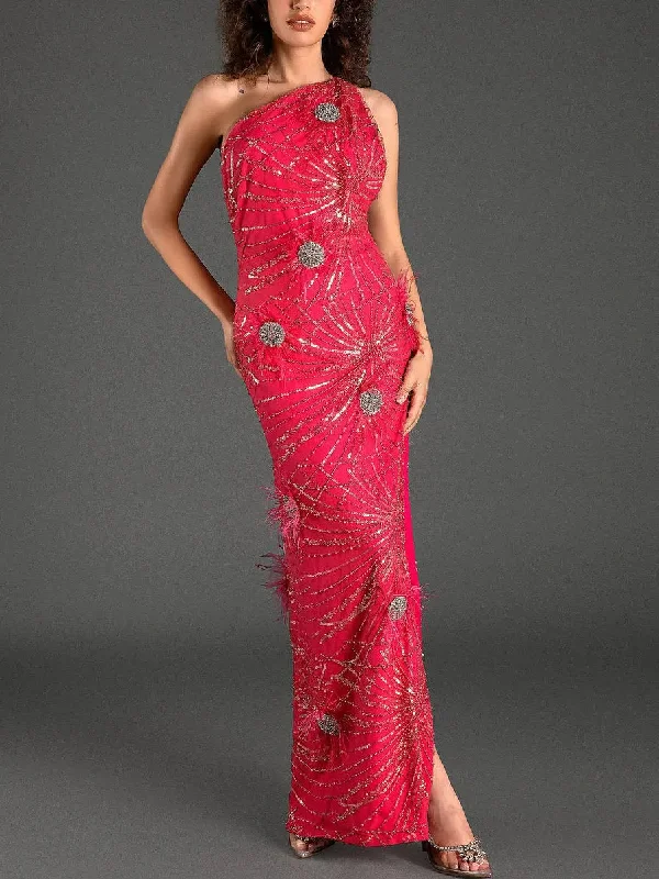 One Shoulder Sequin High Slit Dress with Beads and Appliques