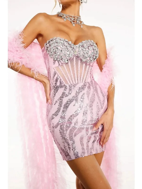 Sequin-Embellished Mesh Corset Bustier Dress with Feather Scarf