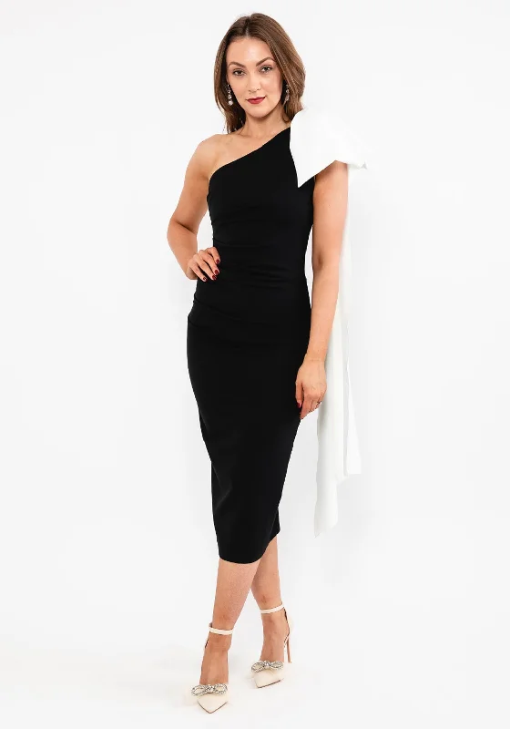 Kevan Jon Krystle Midi One-Shoulder Dress, Black & Ivory