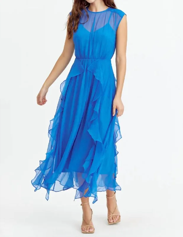 Rosalie Cascading Ruffled Midi Dress In Blue