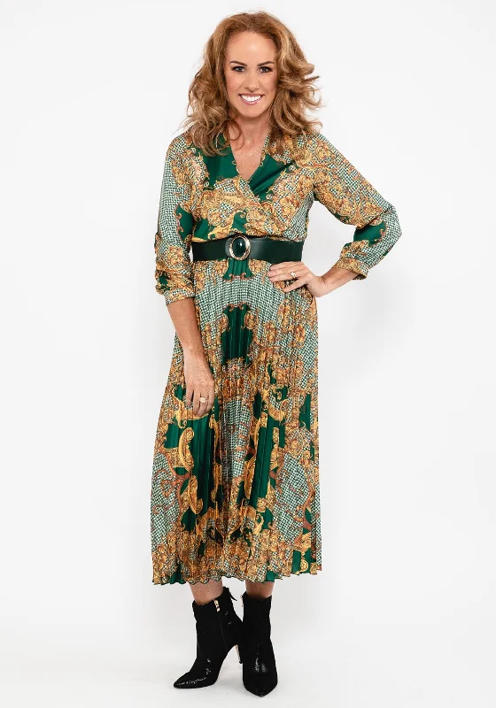 Seventy1 Ornate Print Pleat Midi Dress, Green