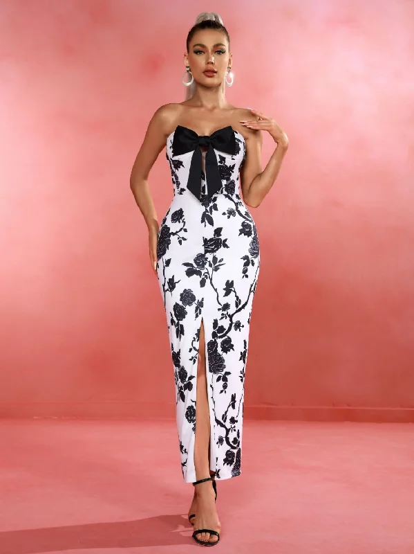 Strapless Floral Bow Front Slit Bodycon