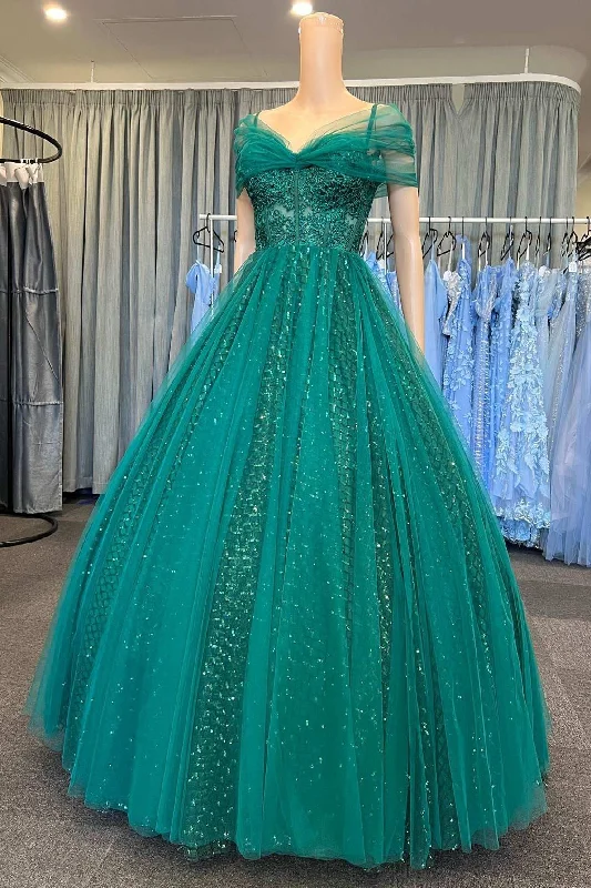 Glitter Emerald Green Tulle Cold-Shoulder Ball Gown