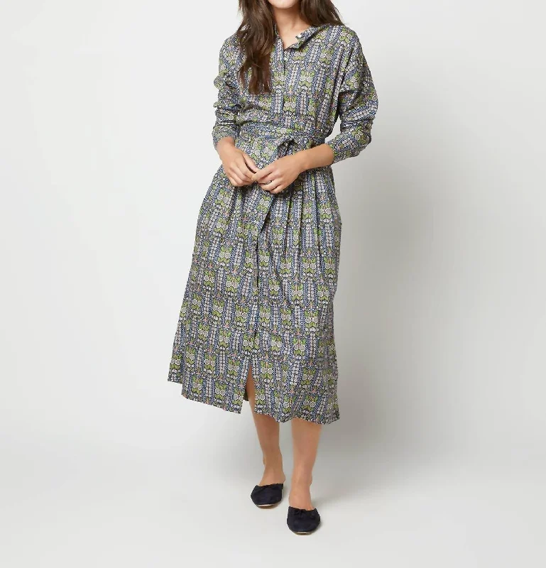 Kimono Shirtwaist Dress In Blue/green Lindsay Garden Liberty Fabric