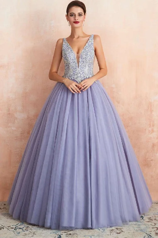 Lavender Tulle Silver Rhinestone Appliques Ball Gown Dress