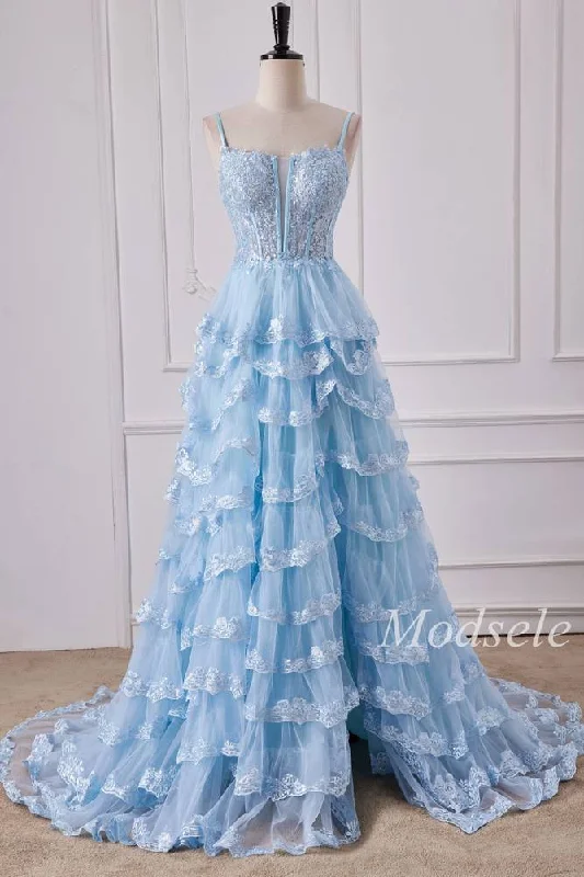 Light Blue Tulle Appliques Spaghetti Strap Ruffle Gown with Slit